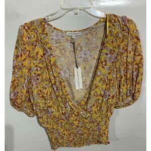 Cupcakes & Cashmere Top Smocked Floral Blouson Balloon Sleeve Yellow Small nwt